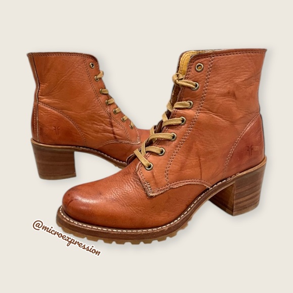 RARE Frye Sabrina 6G Lace Up Genuine Cognac Leather Classic Combat Ankle Boots - Picture 16 of 16